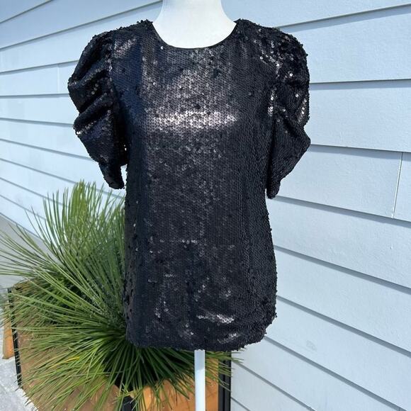NWT TCEC sequin puff sleeve black party top blouse small - Picture 1 of 5